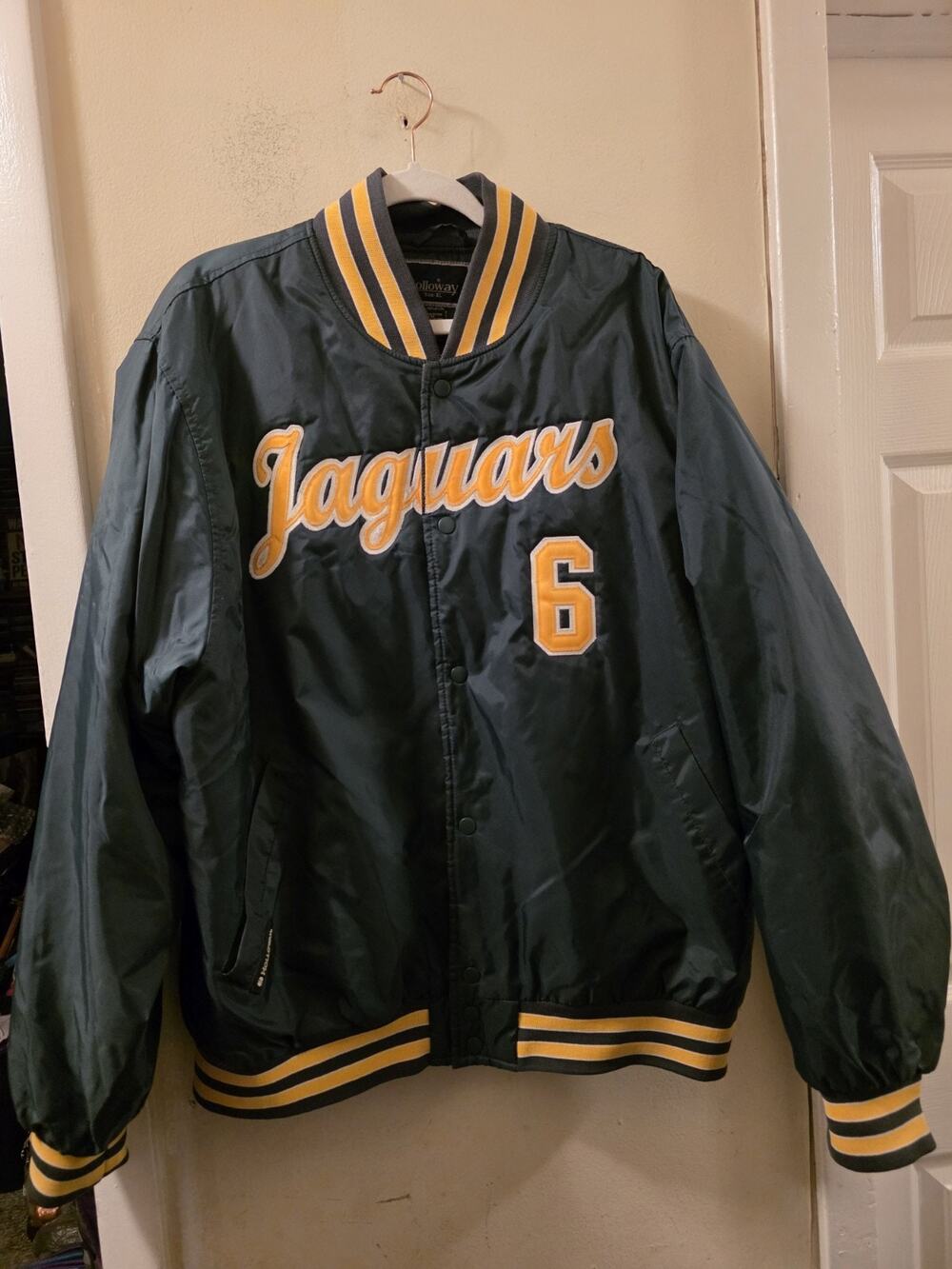 Vtg 80s? Jaguars Varsity Jacket Satin Nylon Mens X'Large Green/Yellow #6 Retro
